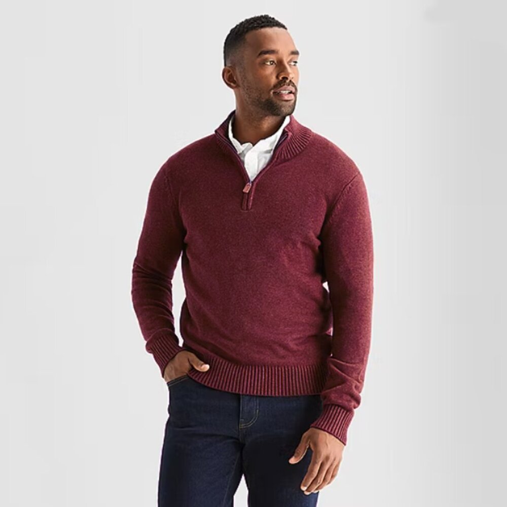 St. John's Bay Quarter Zip 100% Cotton Heavy Knit Sweater Maroon Red Size XL